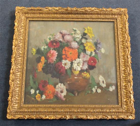 Gottfried Van Pelt (1873-1926) Still life of flowers in a pottery vase 15 x 15.5in.